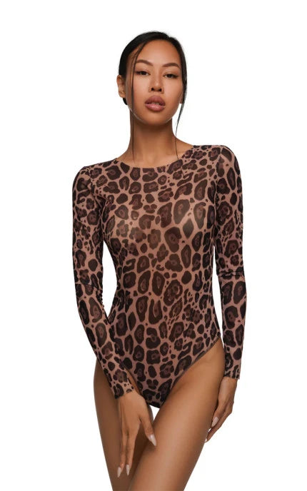 Tan-Through Long Sleeve One-Piece Swimsuit drop-tie on the back - SPF 35 Protection