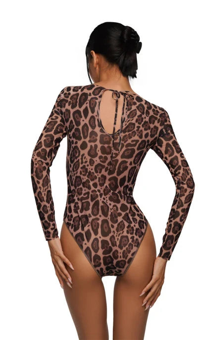 Tan-Through Long Sleeve One-Piece Swimsuit drop-tie on the back - SPF 35 Protection