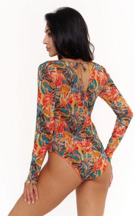 Tan-Through Long Sleeve One-Piece Swimsuit drop-tie on the back - SPF 35 Protection