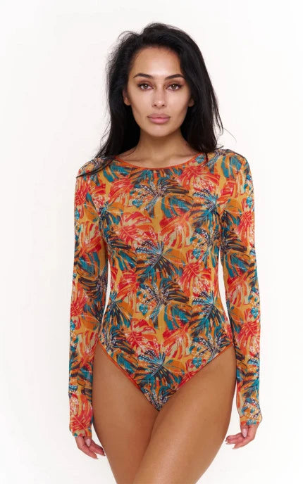 Tan-Through Long Sleeve One-Piece Swimsuit drop-tie on the back - SPF 35 Protection