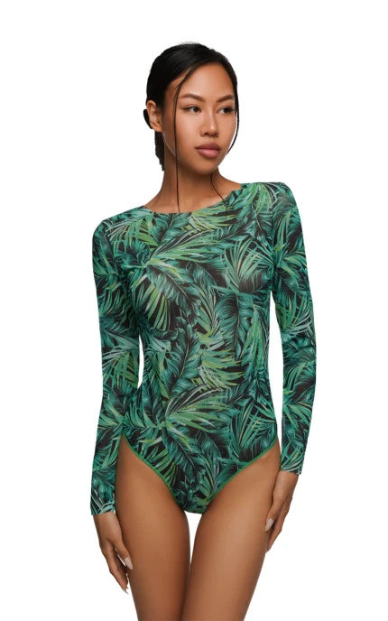 Tan-Through Long Sleeve One-Piece Swimsuit drop-tie on the back - SPF 35 Protection