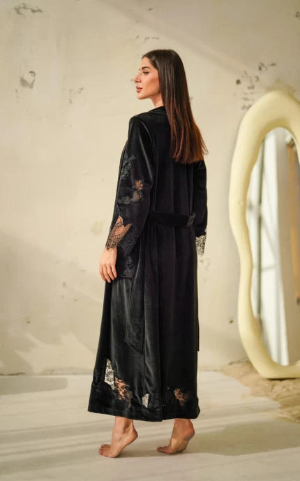 Soft Velour Lounge Robe – Black