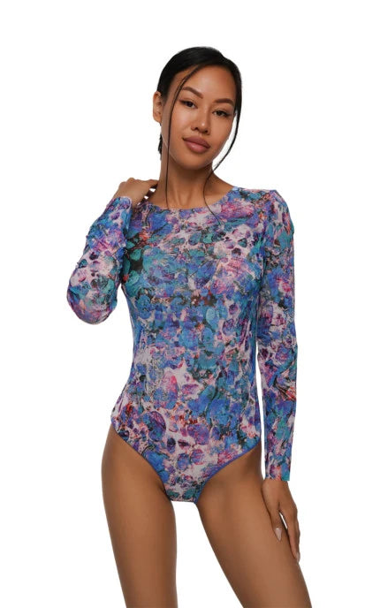 Tan-Through Long Sleeve One-Piece Swimsuit drop-tie on the back - SPF 35 Protection