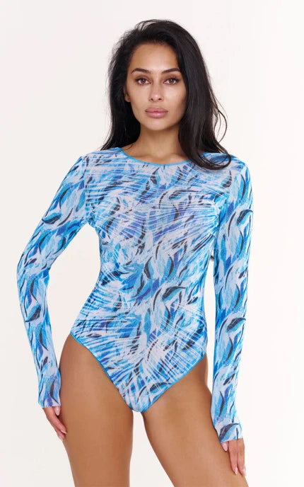 Tan-Through Long Sleeve One-Piece Swimsuit drop-tie on the back - SPF 35 Protection