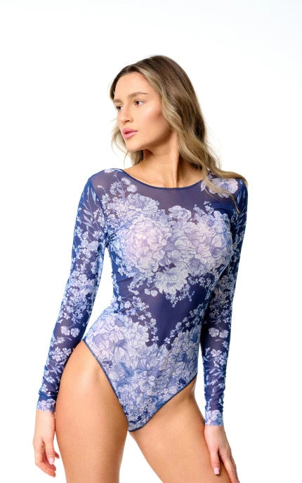 Tan-Through Long Sleeve One-Piece Swimsuit drop-tie on the back - SPF 35 Protection