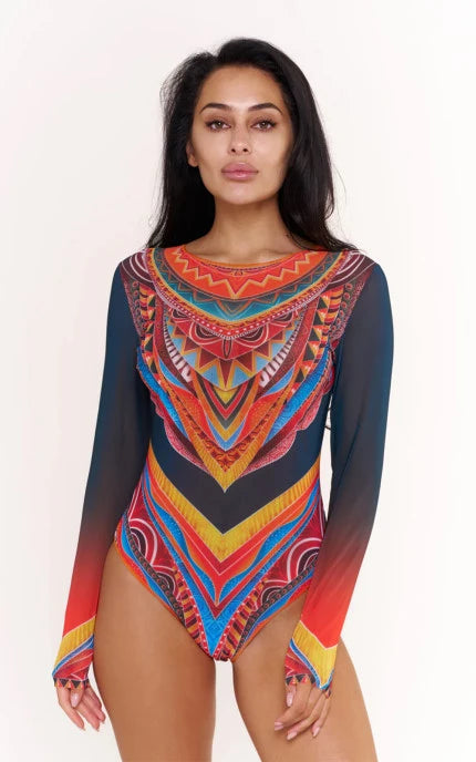 Tan-Through Long Sleeve One-Piece Swimsuit drop-tie on the back - SPF 35 Protection