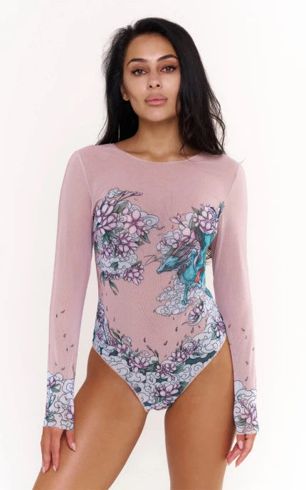 Tan-Through Long Sleeve One-Piece Swimsuit drop-tie on the back - SPF 35 Protection