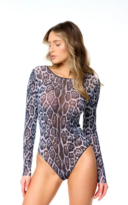 Tan-Through Long Sleeve One-Piece Swimsuit drop-tie on the back - SPF 35 Protection